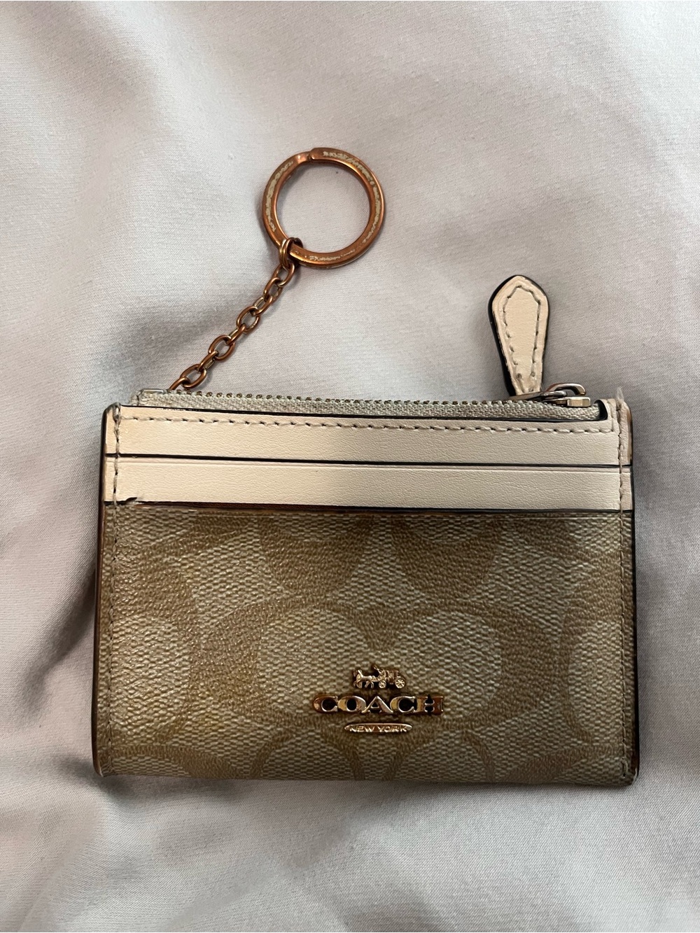 Coach Khaki and Chalk Signature Key Card Case with Gold Hardware